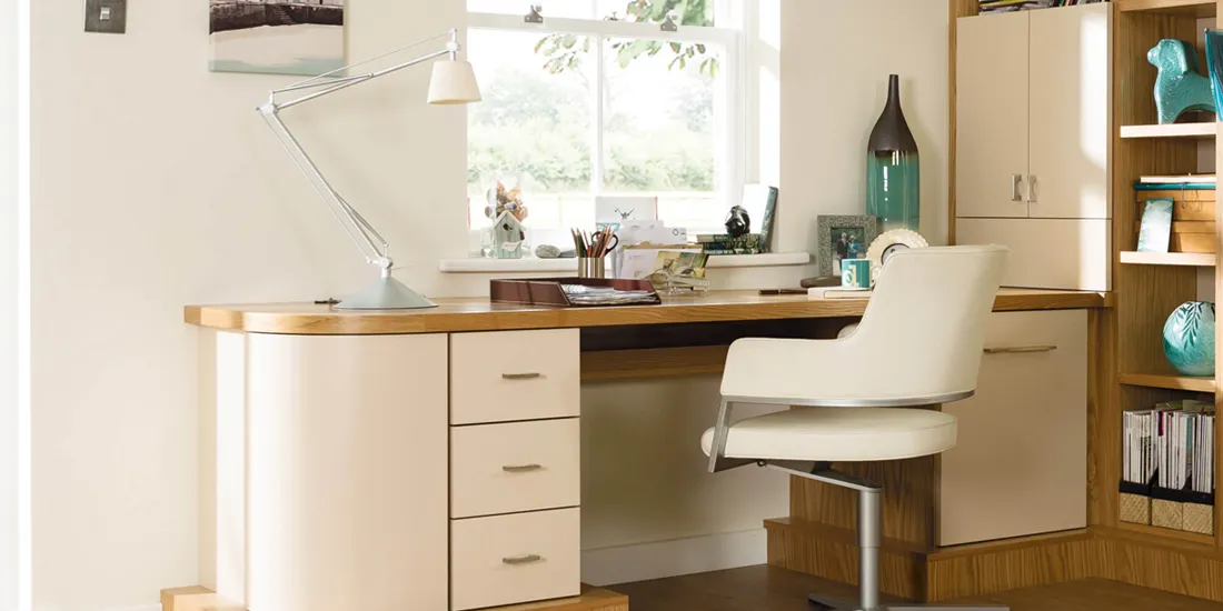 Modern home office with built-in bookshelves and desk organizers, maximizing study room storage, clean workspace.